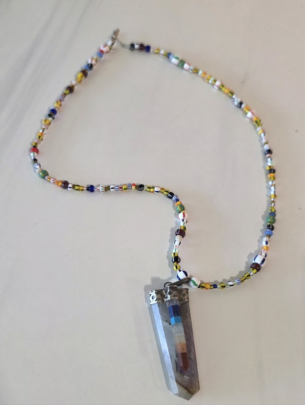 Handmade Hippie Boho Multicolor Beaded Necklace with Crystal Pendant